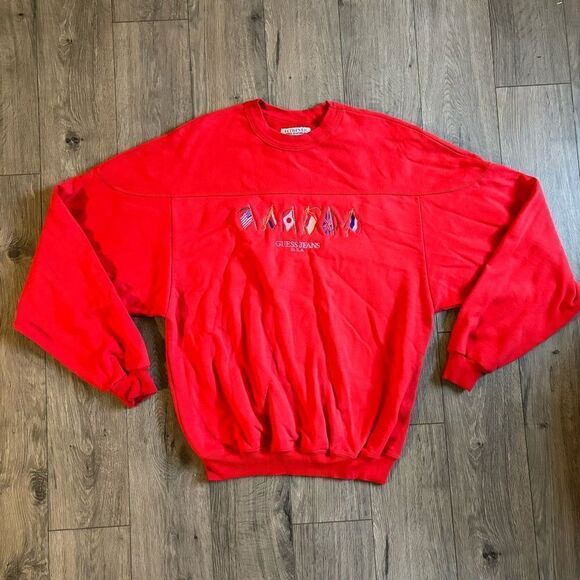 Vintage Guess Jeans Sweatshirt Mens XL Red Pullover Crewneck‎ USA Flags 90s - Picture 1 of 5